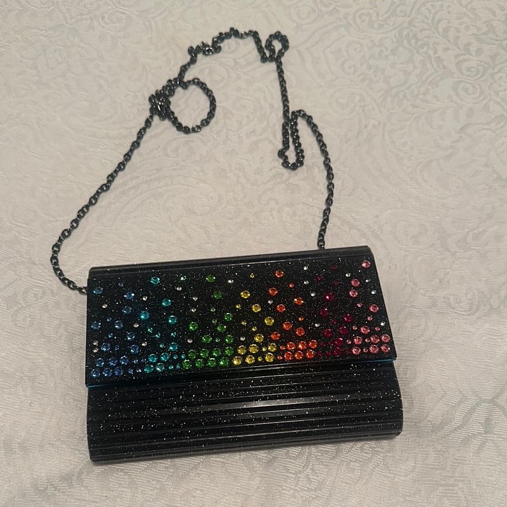 Kurt Geiger Black Glitter Clutch with Rainbow Rhinestones